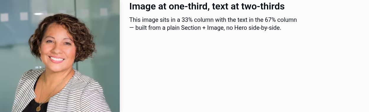 A page section split 33/67: a portrait image fills the left third, a heading and paragraph fill the right two-thirds.